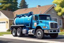 Septic tank pumping near me in California truck in suburban neighborhood