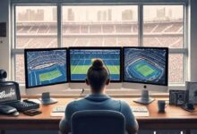 Fan streaming live sports on three monitors in a Total Sportek style setup