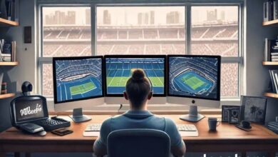 Total Sportek: Ultimate Guide to Free Live Sports Streaming 4 Fan streaming live sports on three monitors in a Total Sportek style setup