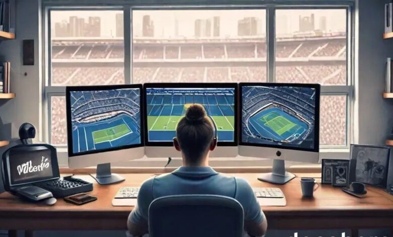 Total Sportek: Ultimate Guide to Free Live Sports Streaming 1 Fan streaming live sports on three monitors in a Total Sportek style setup