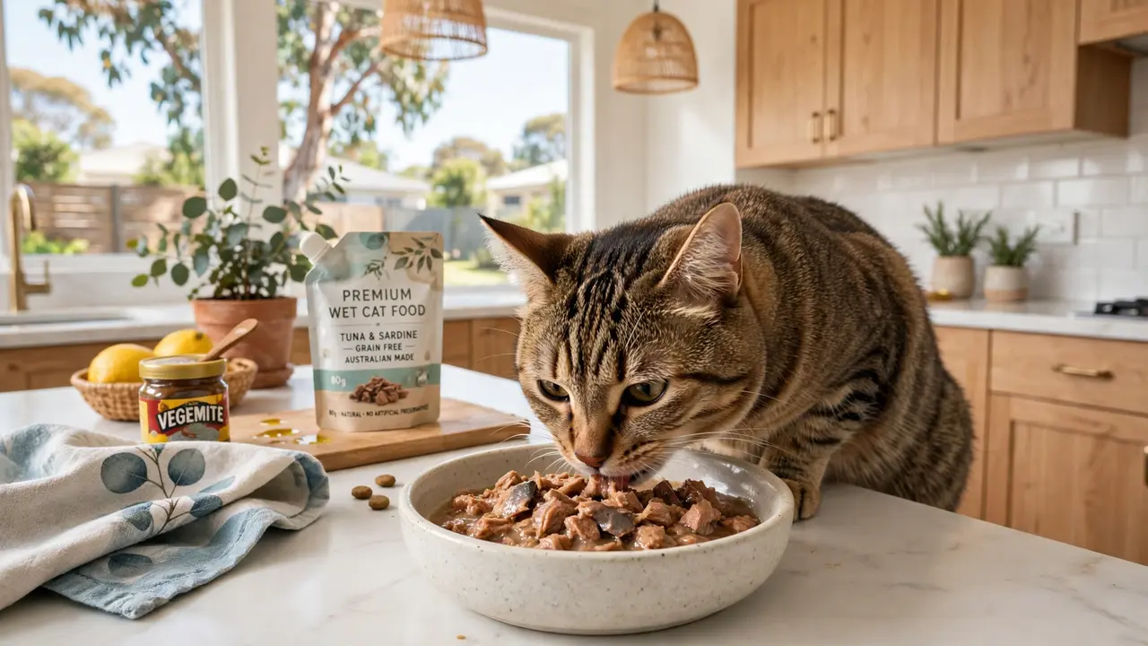 best cat food Australia 2026 - tabby cat eating premium wet cat food from a ceramic bowl in a bright Australian kitchen