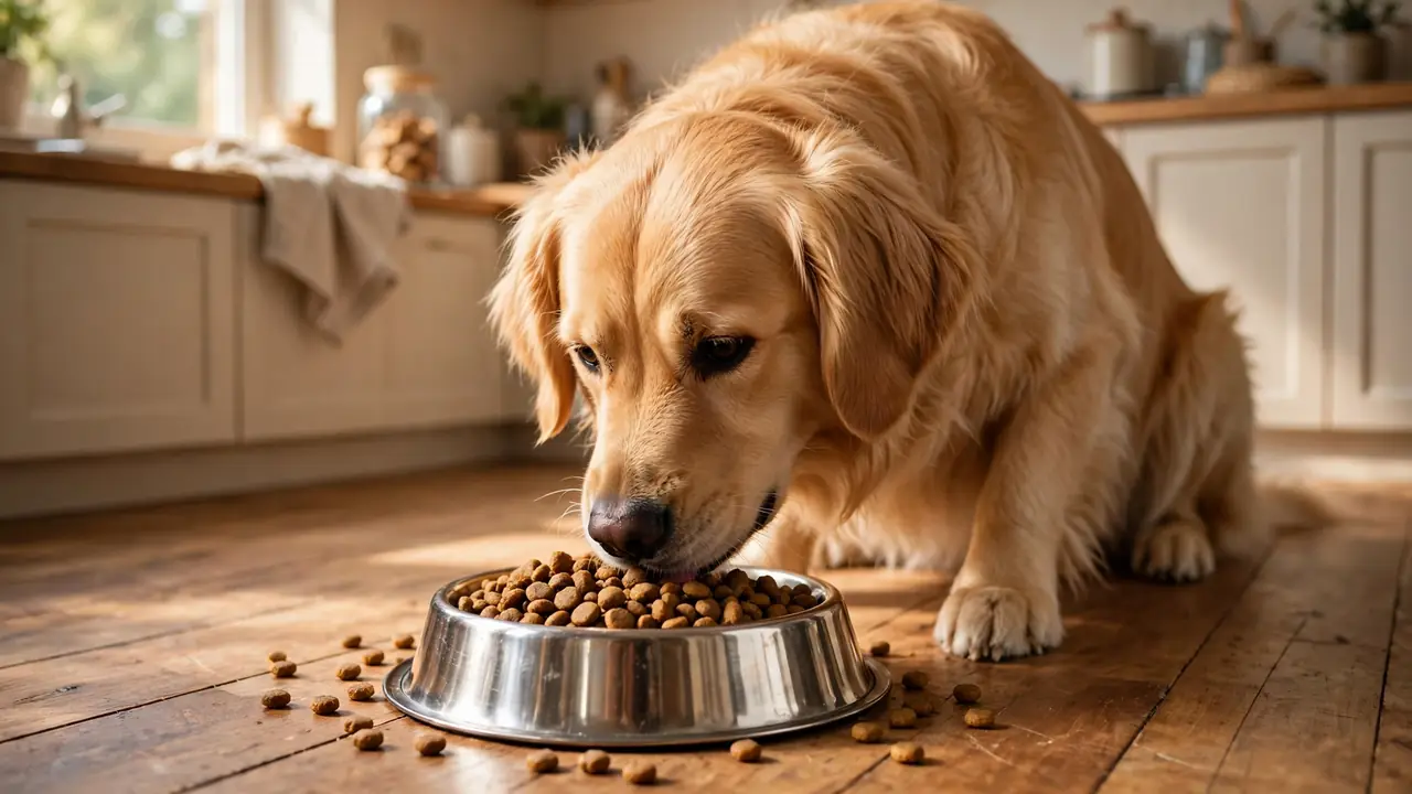 Best dry dog food Australia 2026 — golden retriever eating premium dry dog food from a stainless steel bowl