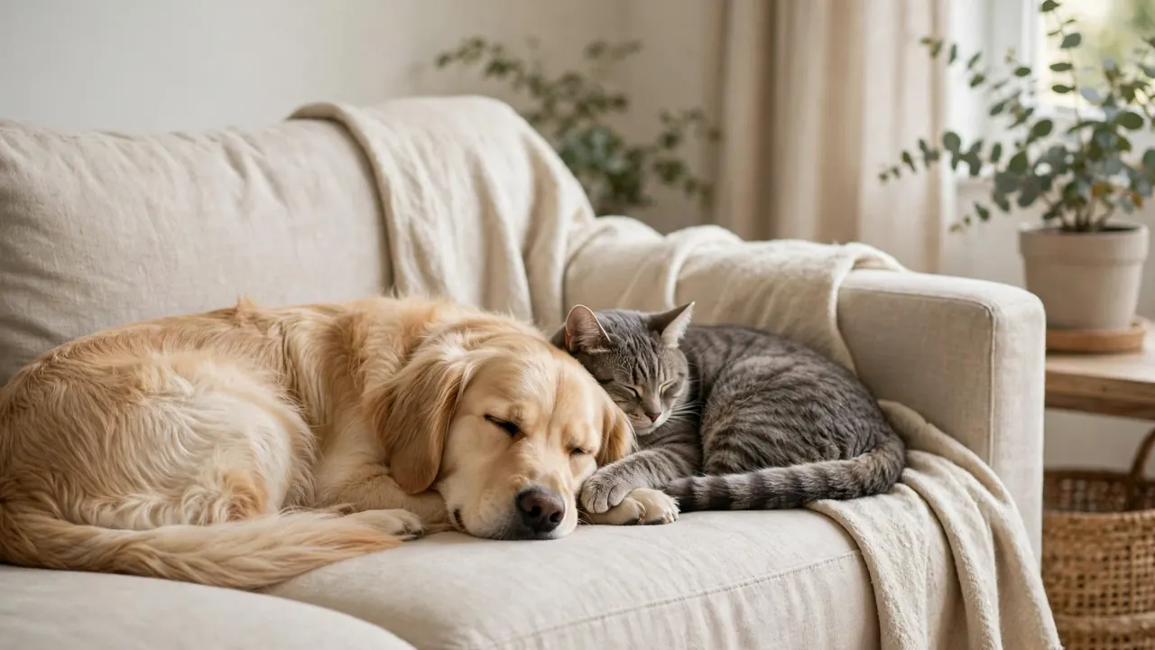A golden retriever and a tabby cat sleeping together on a sofa at home