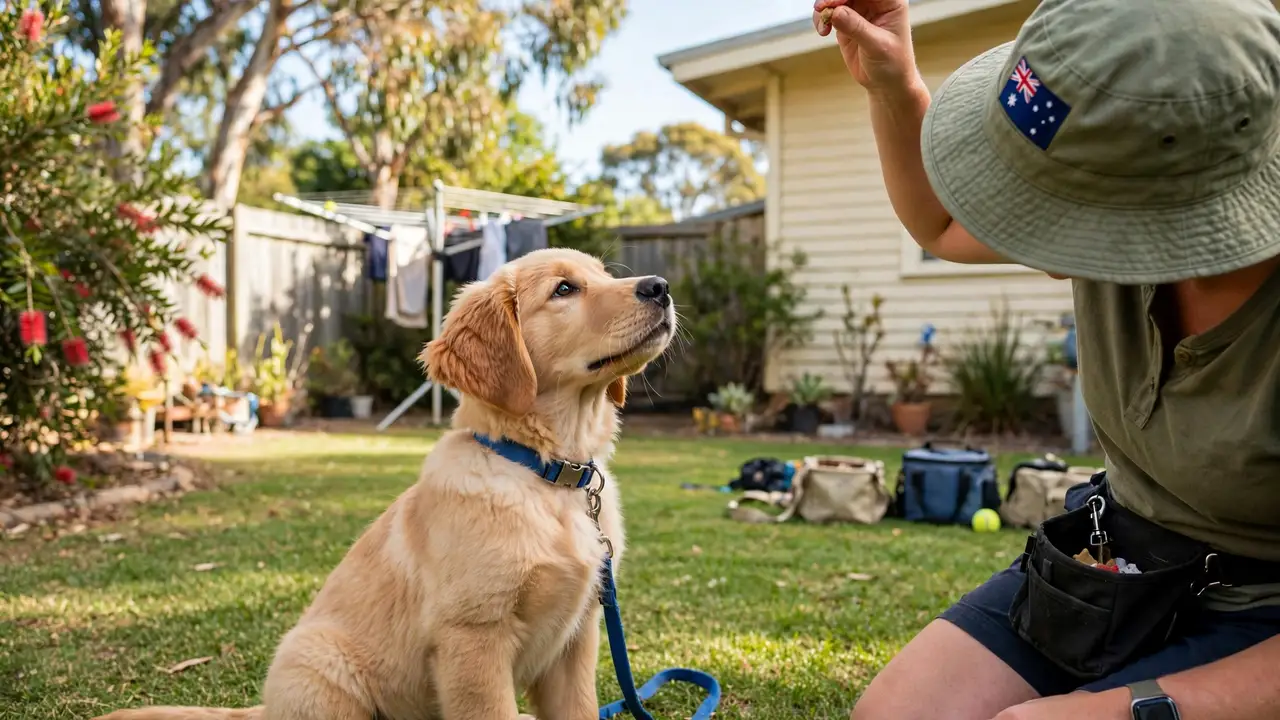 puppy training guide Australia - golden retriever puppy looking up at its trainer in an Australian backyard